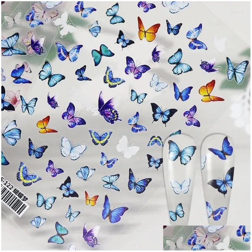 nail stickers blue butterfly flowers art embossed 5d transfer decals for acrylic manicure design decorations rk130055