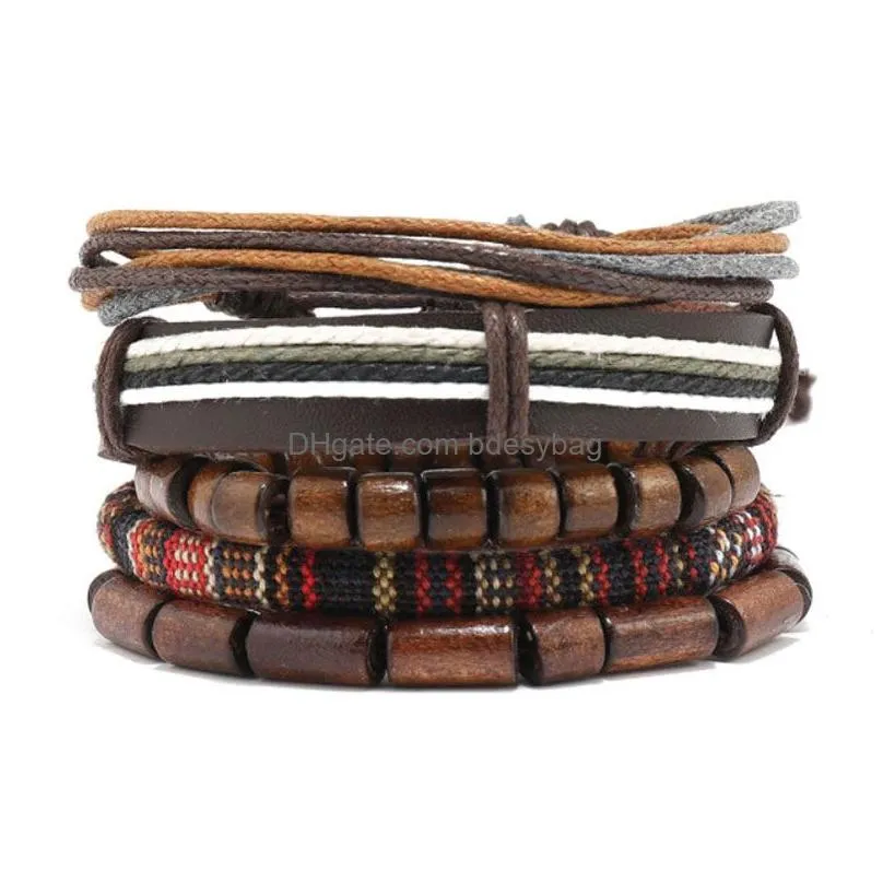 Rope Leather Handmade Braided Multilayer Wooden Beaded Charm Bracelets Set Adjustable Bangle Party Jewelry For Men