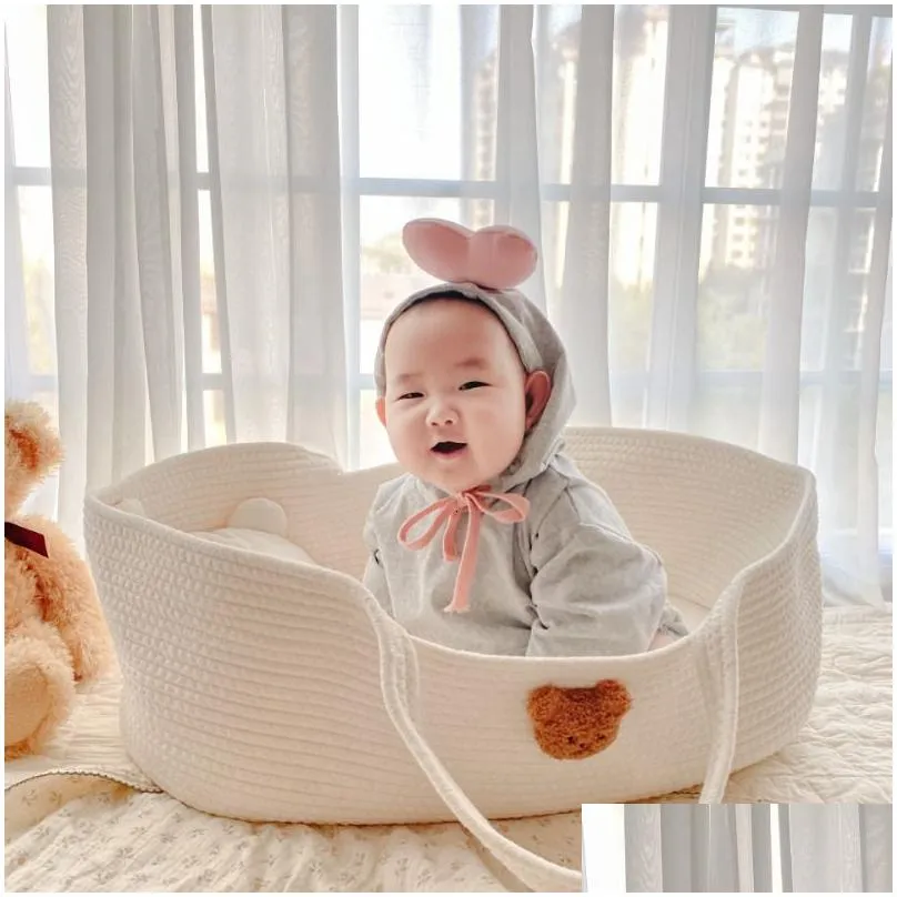 baby cribs babynest 70x40x25cm sleeping cartoon bear portable basket cotton rope bed 230915