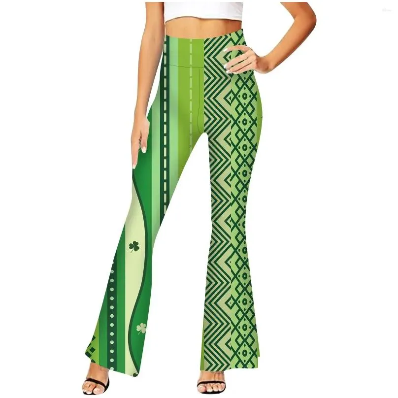 women`s pants 2024 fashion st. patrick`s day printed flare high waist wide leg stretchable casual