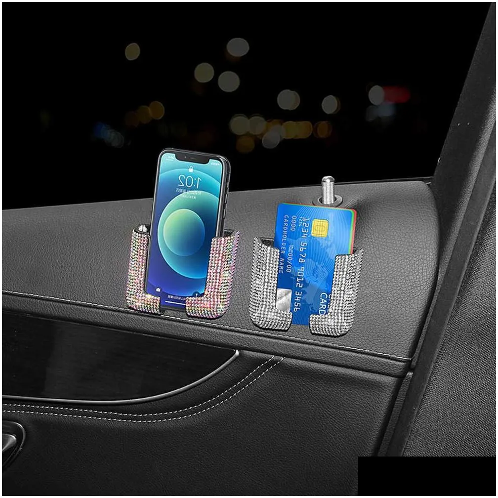 Interior Decorations New 2Pcs Crystal Car Phone Holder Fixed Rack Paste Stand For Mobile Key Card Bling Interior Accessories Drop Deli Dhgux