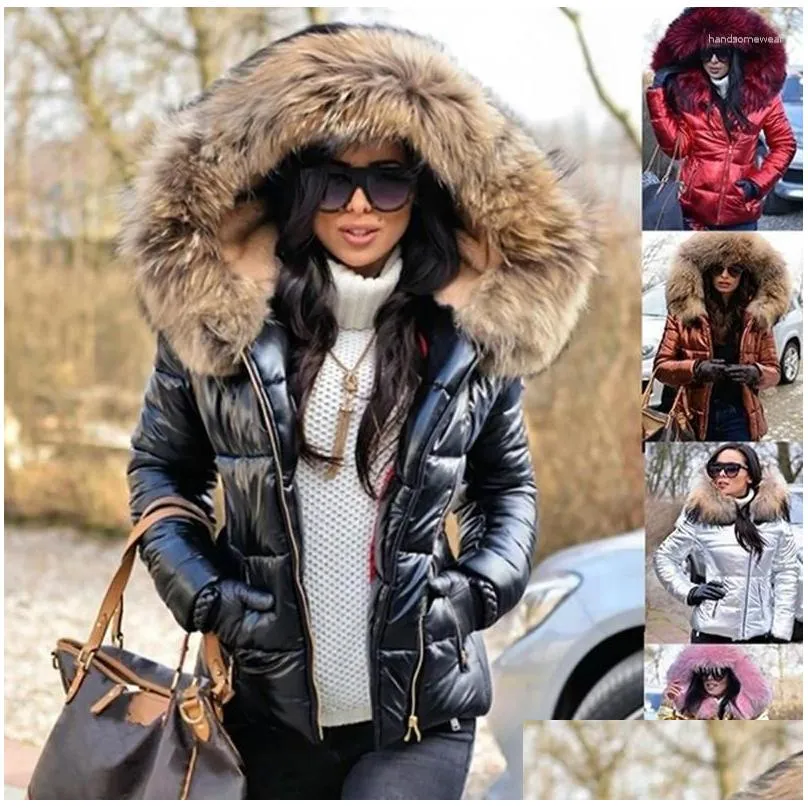 Women`S Down & Parkas Womens Down Hood Solid Color Fur Hooded Jacket Autumn Winter Cotton-Padded Short Parka Coat Fashion Casual Drop Dhd5Z