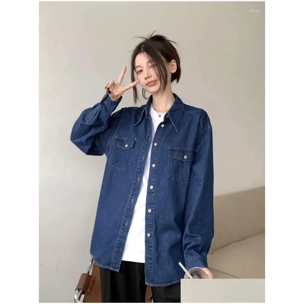 women`s blouses blue denim shirt spring autumn long sleeved turn down collar loose blouse single breasted casual cardigan women