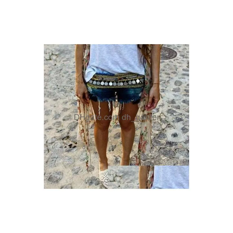 Gypsy Silver Metal Dangle Coins Belly Chains 43pieces coins Hippie Boho Bohemian Shimmy Belt bell dance belt chain body chain