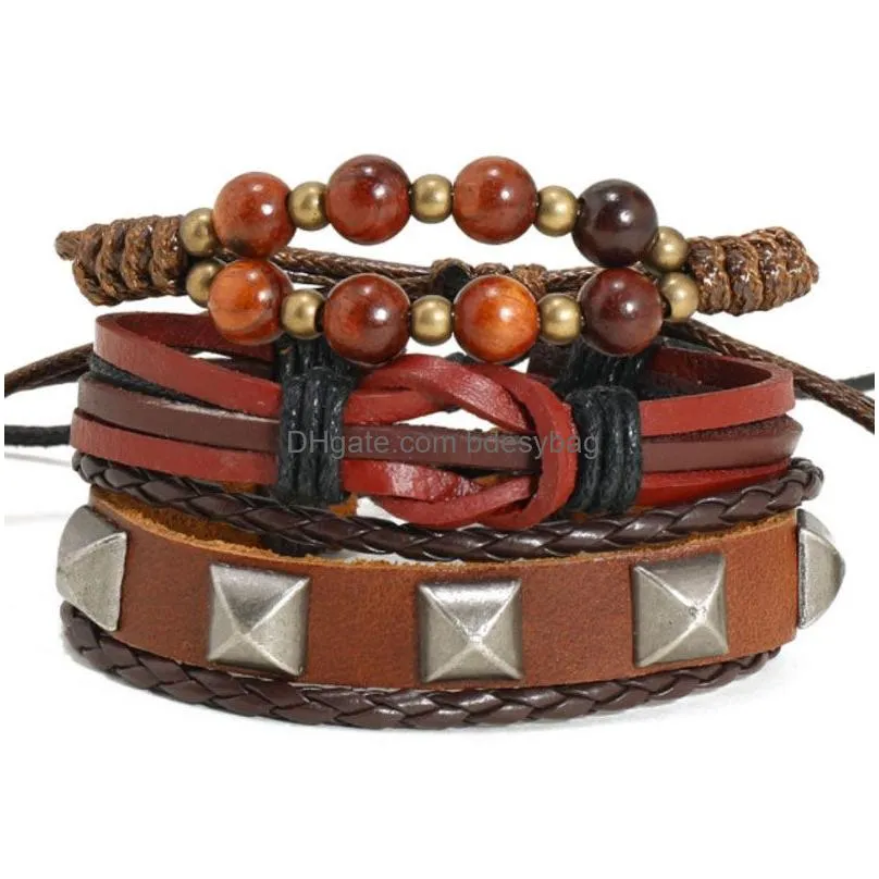 Rope Leather Handmade Braided Multilayer Wooden Beaded Charm Bracelets Set Adjustable Bangle Decor Jewelry
