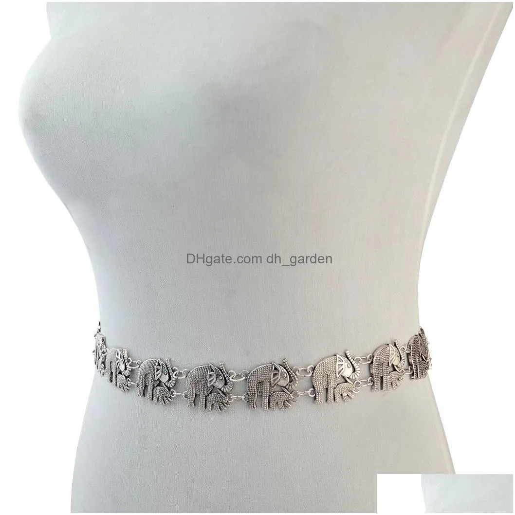 Bohemian Silver Alloy Fashion Elephant Body Chain Bells Tassel Carved Hollow Out Flower Waist Belly Chain