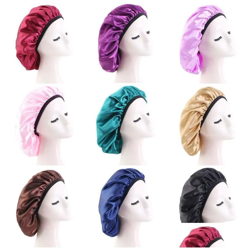 Solid Color Soft Satin Night Hat Beanie For Women Lady Girl Elastic Sleep Caps Hair Care Fashion Accessories