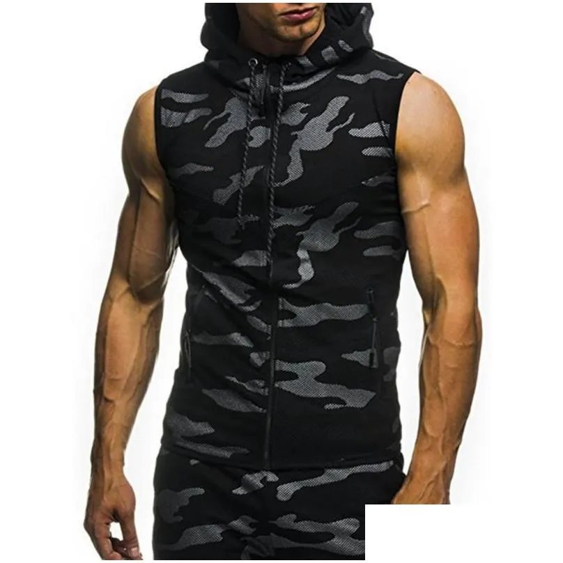 men`s hoodies & sweatshirts ele-choices summer men gym fitness camouflage mesh zip up sleeveless hooded tank top