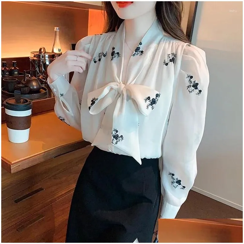 women`s blouses women elegant bowknot chiffon blouse fashion white business casual office lady shirts puff long sleeve loose tops