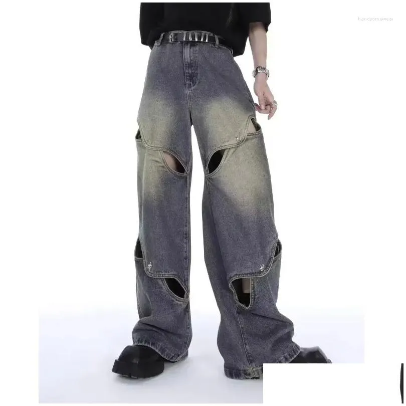 Men`S Jeans Mens Jeans Spring And Autumn Metal Button Splicing Heavy Design Hollow Sense Of Wide-Leg For Men Drop Delivery Apparel Me Dhpiz