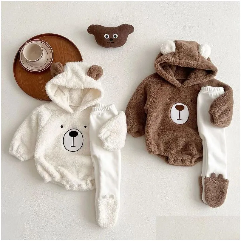 sets baby clothes fall/winter boys plush ear sweatshirt romper girls baby born hooded romper jumper fleece pants 231113