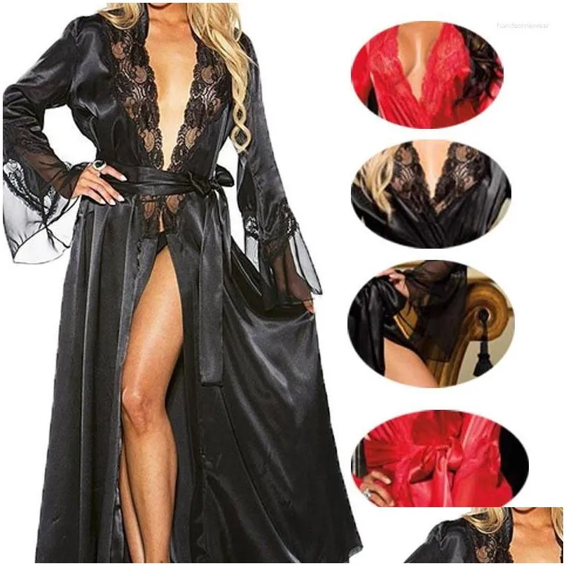 Sexy Pyjamas Y Pyjamas Womens Long Kimono Dress Lace Bath Robe Ice Silk Nightdress Drop Delivery Apparel Underwear Sexy Underwear Dh2Bc