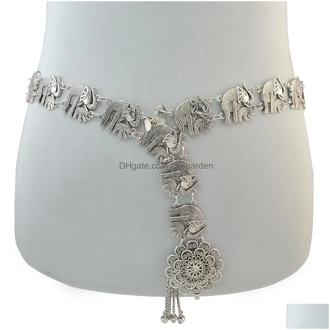 Bohemian Silver Alloy Fashion Elephant Body Chain Bells Tassel Carved Hollow Out Flower Waist Belly Chain