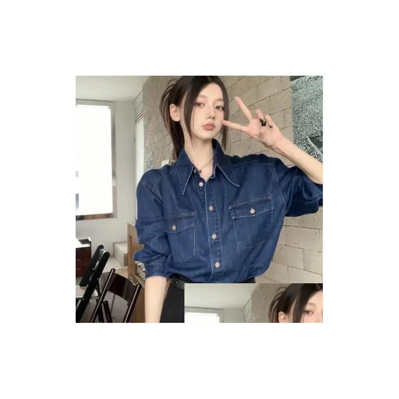 women`s blouses blue denim shirt spring autumn long sleeved turn down collar loose blouse single breasted casual cardigan women