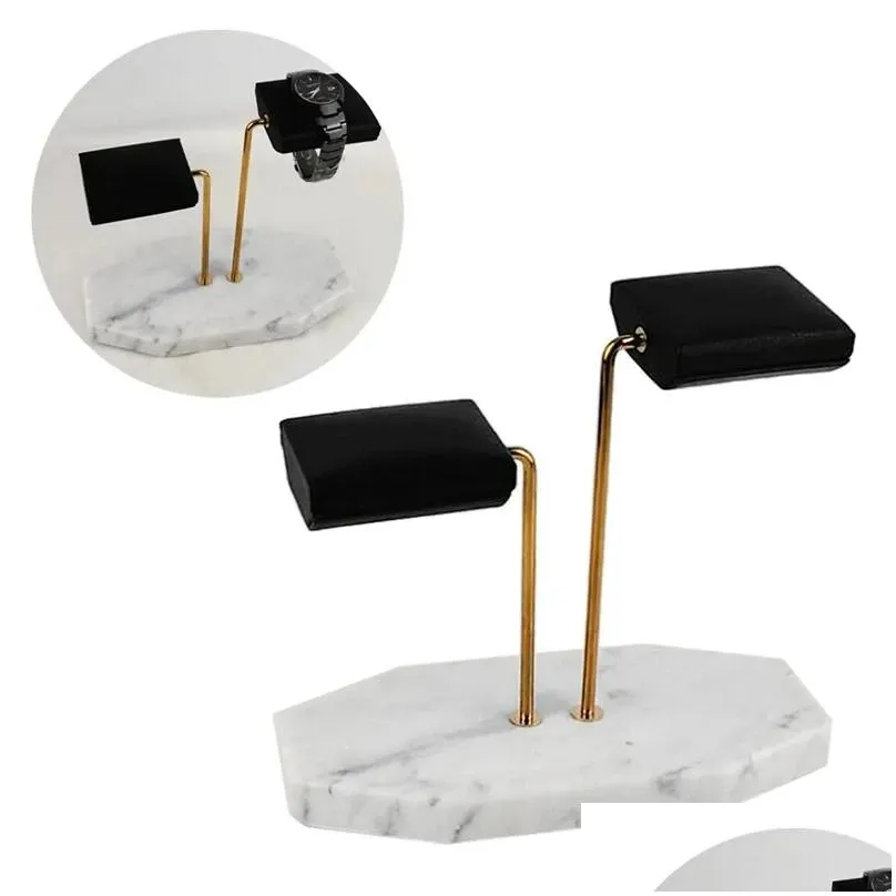 jewelry pouches marble base gold support rod watch stand display pu leather double storage rack