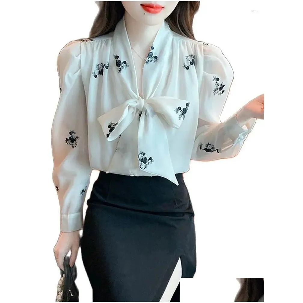 women`s blouses women elegant bowknot chiffon blouse fashion white business casual office lady shirts puff long sleeve loose tops