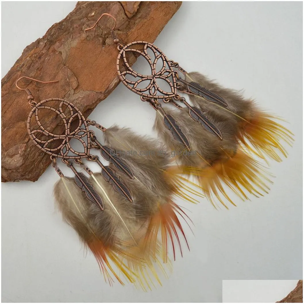 idealway Bohemian Brown Feather Long Drop Earrings for Women Wedding Party Fashion Jewelry