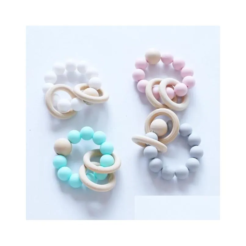 20pcs baby teether rings food grade silicone and beech wood teething ring bracelet silicone teethers chew toys shower gifts bpa free