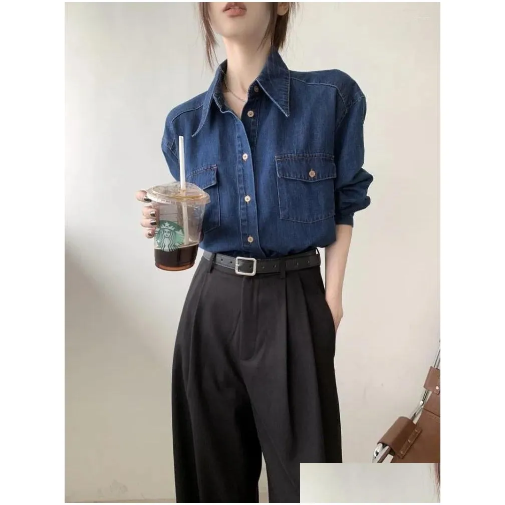 women`s blouses blue denim shirt spring autumn long sleeved turn down collar loose blouse single breasted casual cardigan women