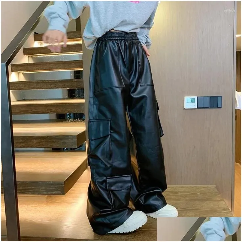 men`s pants leather motorcycle cargo multi-pockets black pu men elastic waist mopping trousers all-match windproof