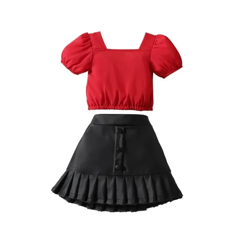 kids girls summer outfits short puff sleeve tops + pu leather pleated skirt sets children fashion clothes