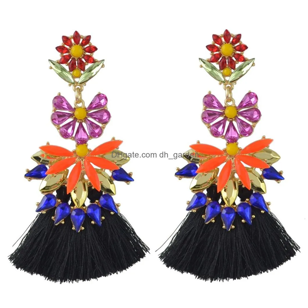 Idealway New Fashion 7 Colors Golden Alloy Acrylic Crystal Gem Silk Thread Tassel Shourouk Earrings Jewelry