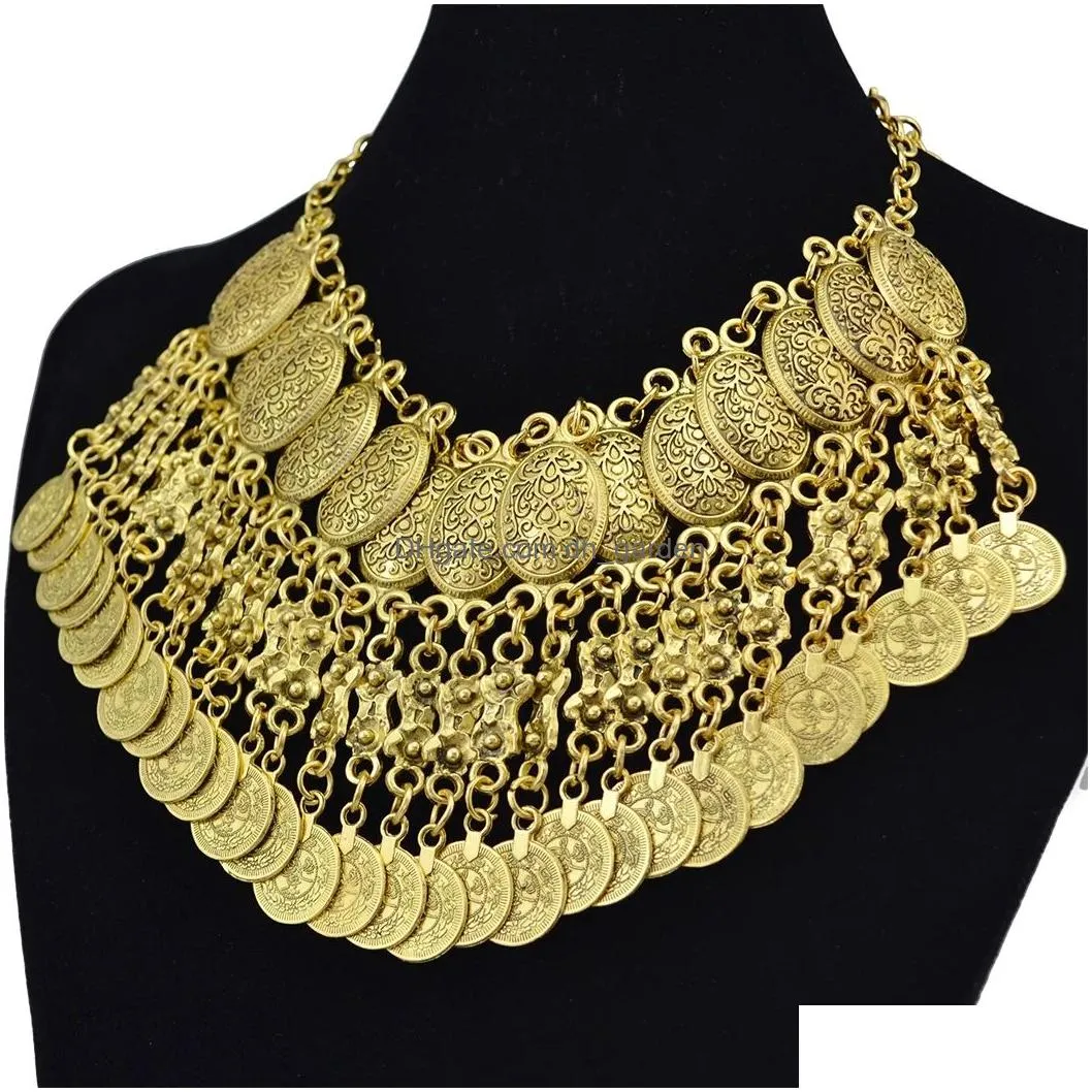 Bohemian Style Antique Silver/Gold Alloy Fashion Chunky Necklaces Carved Flower Tassel Coins Pendant Bib Statement Necklace Women