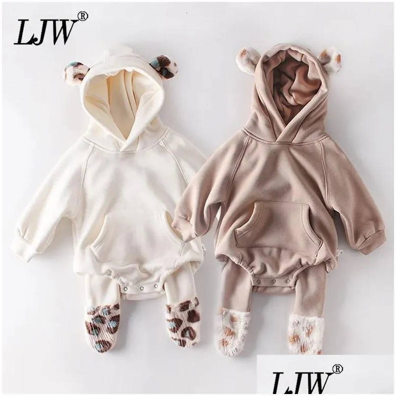 sets baby clothes fall/winter boys plush ear sweatshirt romper girls baby born hooded romper jumper fleece pants 231113