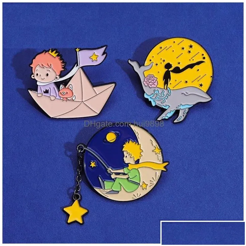 cartoon accessories prince fox enamel pins custom moon star paper boat whale brooches lapel badges jewelry gift for kids friends dro