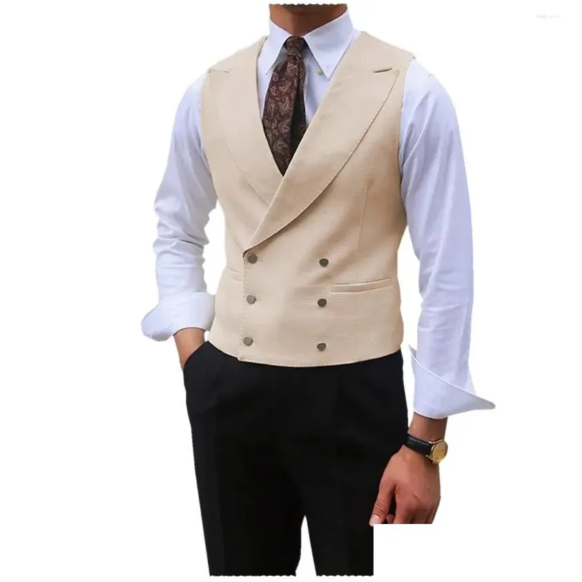 men`s vests men vest brown solid peaked lapel double breasted sleeveless jacket wedding banquet business casual slim waistcoat