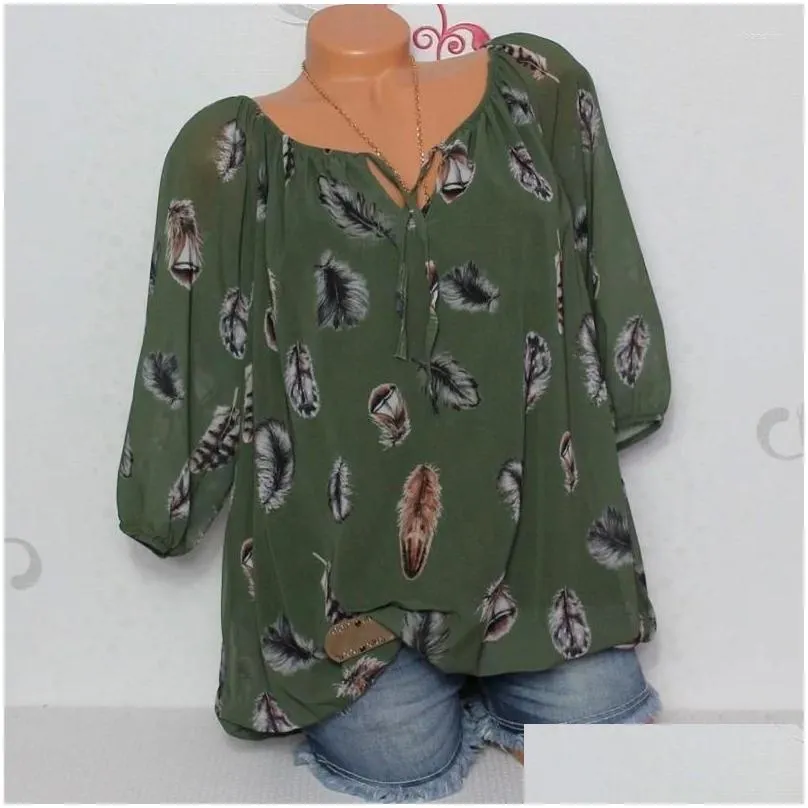 women`s blouses 2024 summer feather print women v-neck chiffon blusas sexy tee shirt casual blusa female