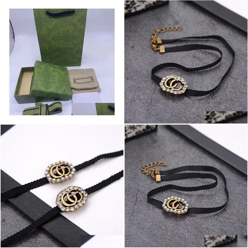 luxury jewelry chokers designer alphabet black rope necklace imported simulation diamond pearl counter consistent brass material hot