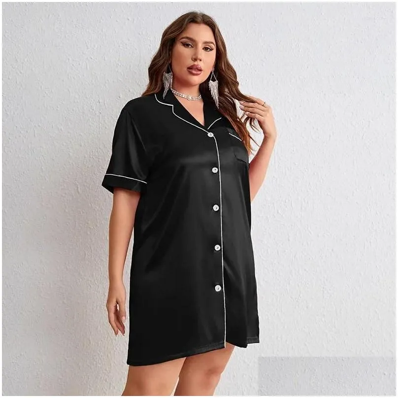 women`s sleepwear size 5xl shirt nightgown womens lounge nightdress turn-down collar short sleeve nightshirt nighty robe female silky