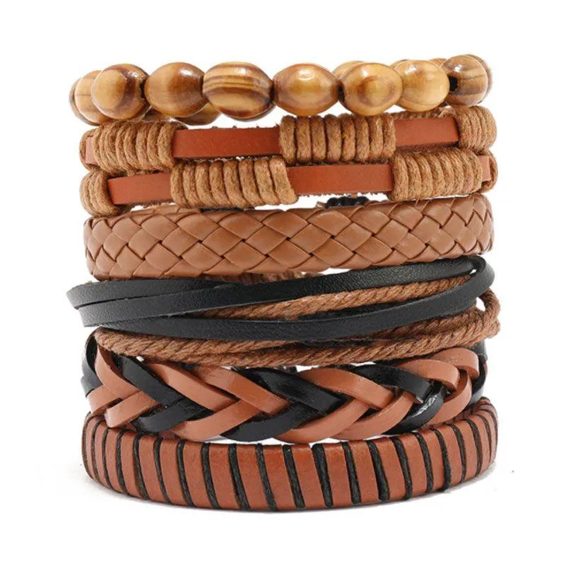 Handmade Rope Leather Braided Multilayer Wooden Beaded Charm Bracelets Jewelry Set Adjustable Decor Bangle For Men