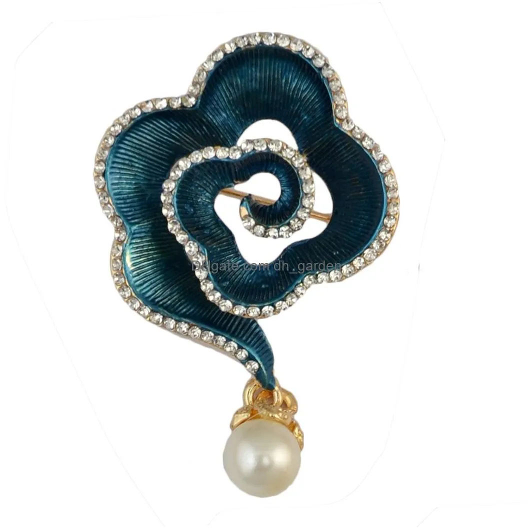 Three Colors Fashion Gold Plated Plant Enamel Pink White Blue Flower Shape Rhinestone Pearl Collar Pin Brooch