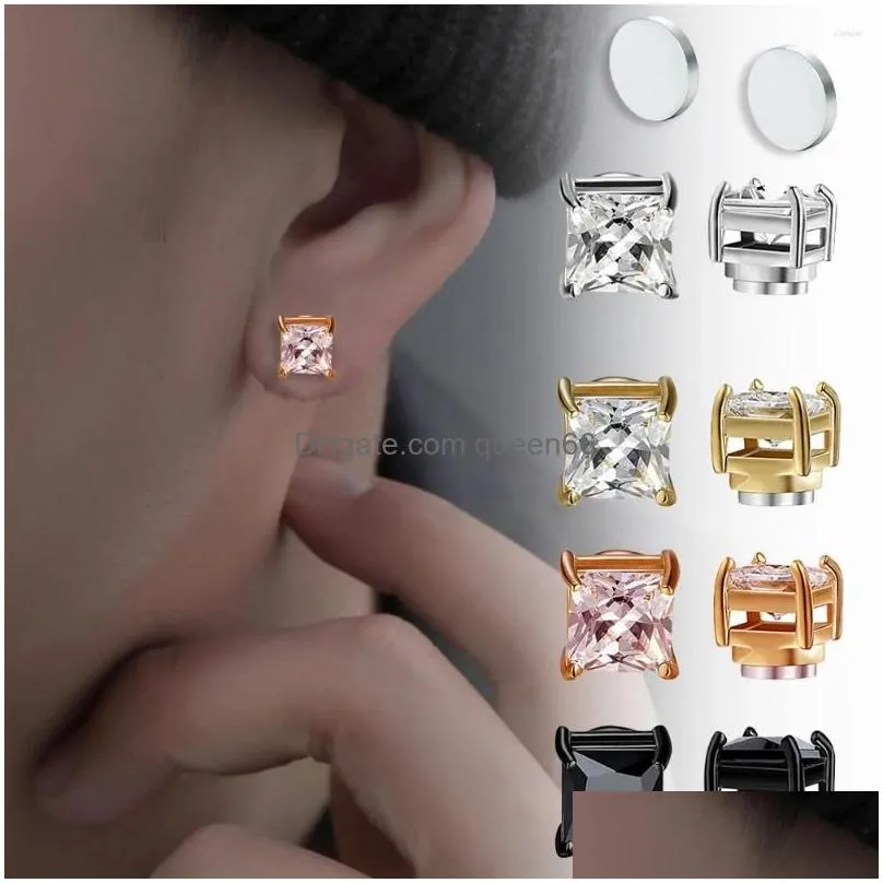 Stud Earrings 1 Pair Punk Mens Crystal Zircon Strong Magnet Magnetic Ear Non Piercing Korean Anti Allergic Body Jewelry Gift Drop Del Dhrtl