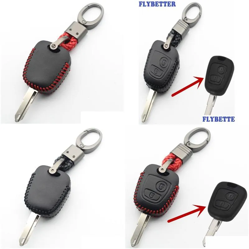 flybetter genuine leather 2button flip key case cover for peugeot 206306307408406 for citroen c2c3c4c5c8picass l3871193789