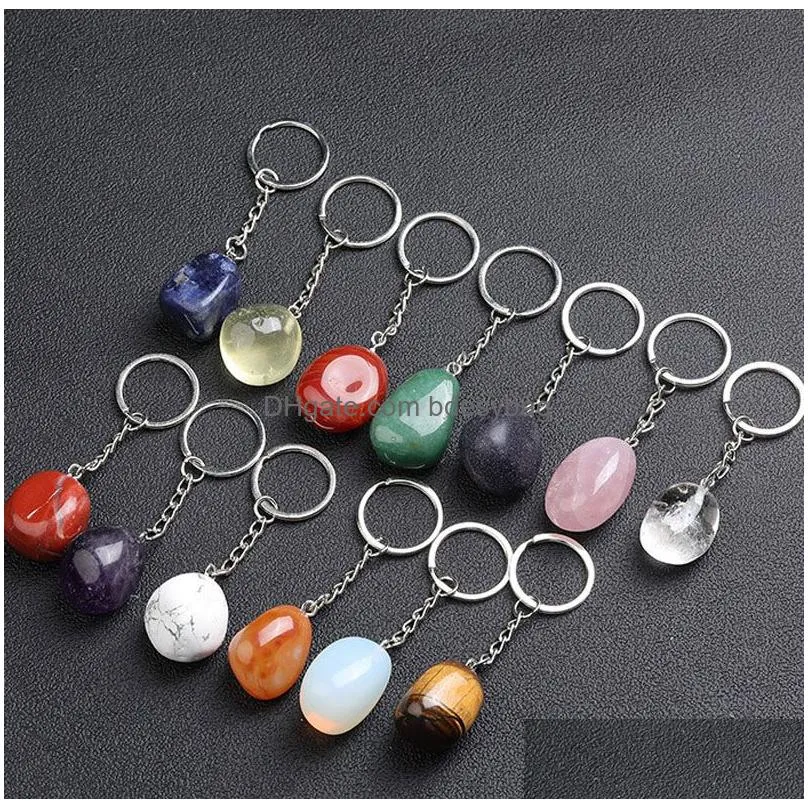 Natural Crystal Stone Pendant Silver Plated Key Rings Keychains For Women Men Party Club Decor Car Bag Fashion Jewelry