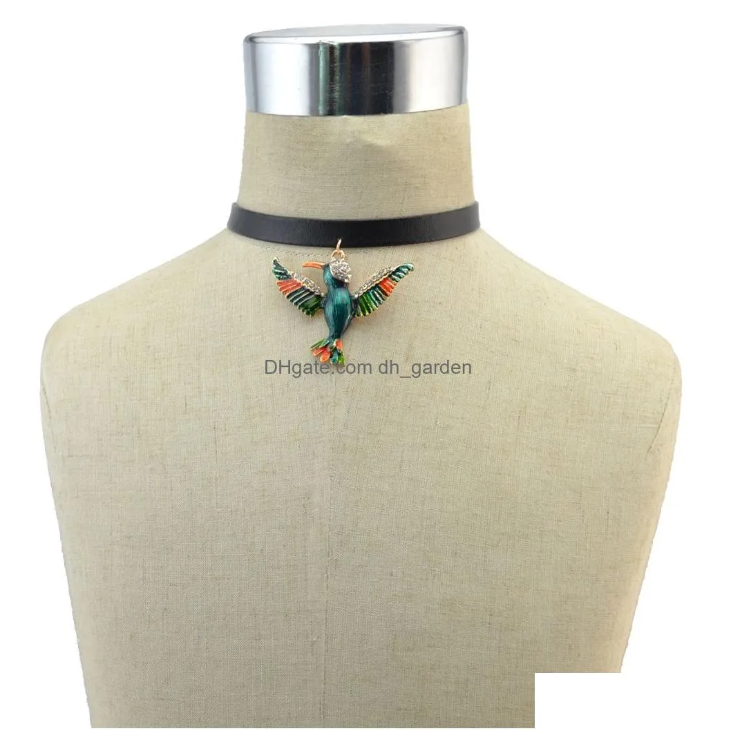 idealway 3 Styles Rhinestone Enamel Bird Collar Black Leather Chain Statement Choker Necklace