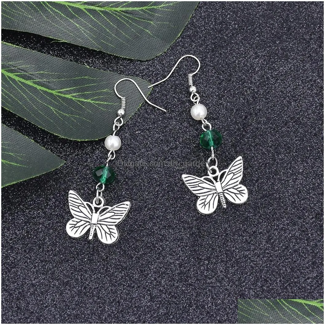 Vintage Silver Metal Acrylic Beads Butterfly Drop Earrings for Women Wedding Party Jewelry Gift