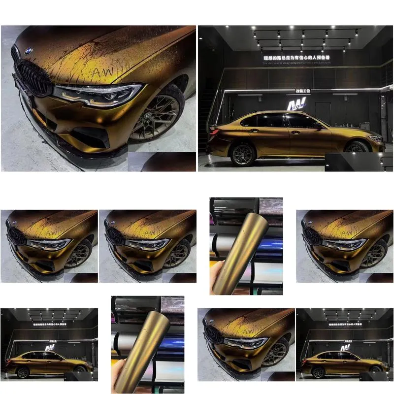 matte metallic midnight gold vinyl wrap film adhesive decal sticker dark golden metal car wrapping foil roll air release free