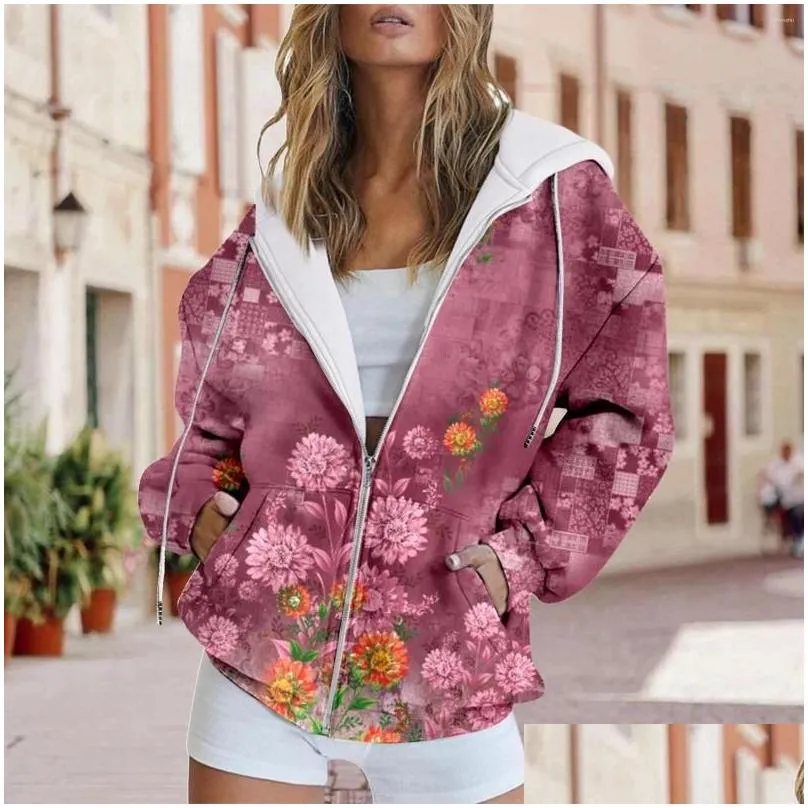 women`s hoodies sweatshirts baggy fashion autumn and winter warm colorful retro flower print casual pocket long sleeve sleeveless