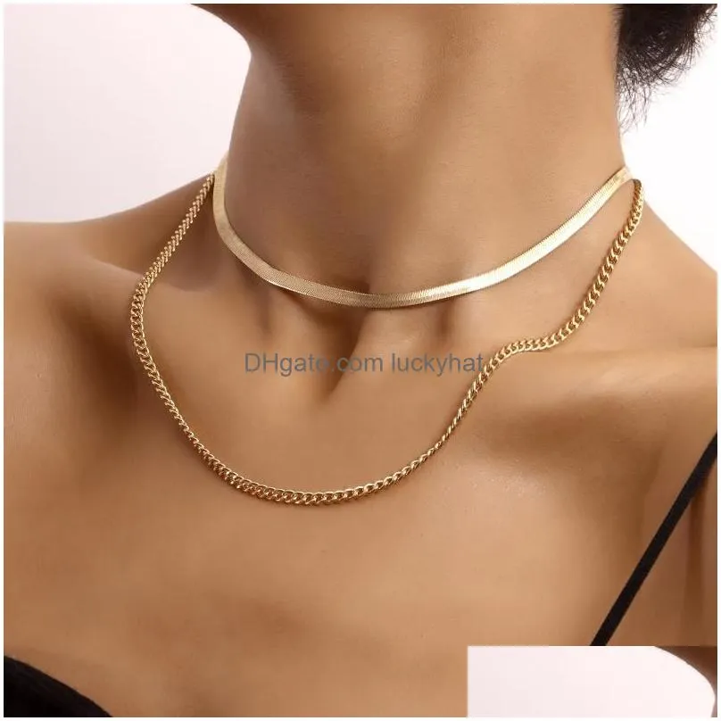 Pendant Necklaces Fashion Double-Layer Paperclip Camboo Link Chain Disc Necklace Female Punk Style Gold Color Jewelry For Drop Delive Dhula