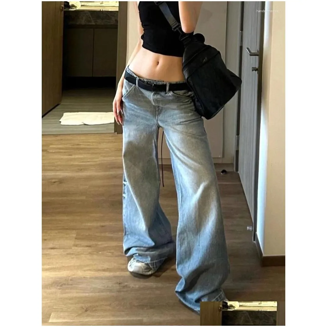 Women`S Pants & Capris Womens Pants Y2K Women Vintage Streetwear Korean Baggy Blue Jeans High Waist Straight Wide Leg Denim Oversized Dhqdv