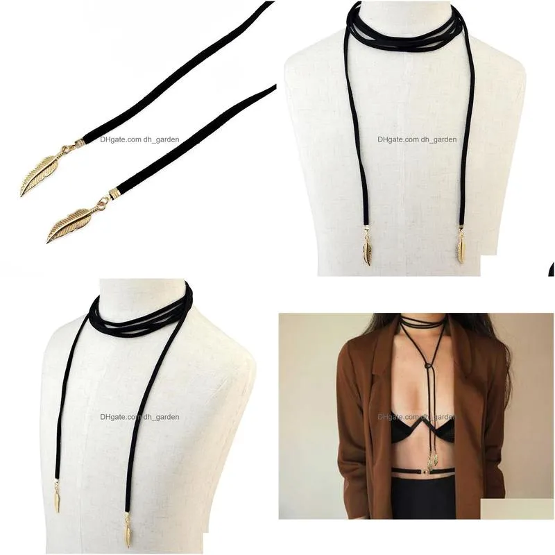 Gothic Fashion Simple Black Long Leather Chain Double Leaf Pendant Choker Necklace