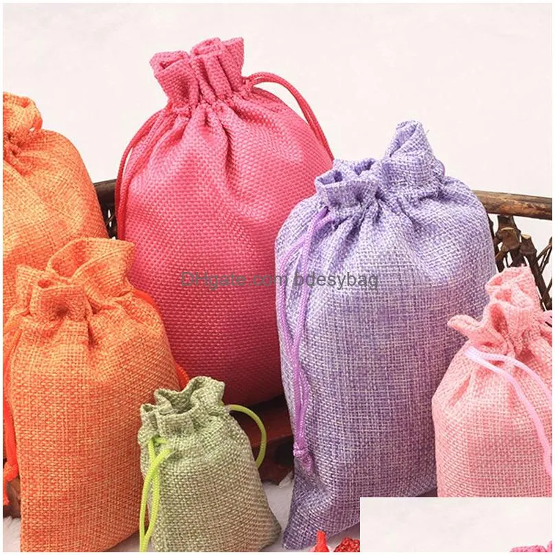 Candy Color Jewelry Gift Bag Linen Beaded Bracelets Necklace Earring Pouches Drawstring Packaging Wedding Party Decor