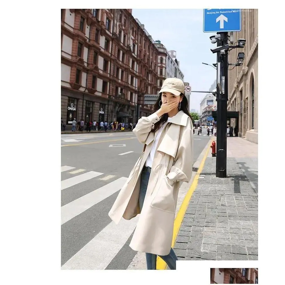 Women`S Trench Coats Womens Trench Coats England Style Waist Thinner Mid-Length Lining Windbreaker Chic Streewear Slim Female Outwear Dhi3S