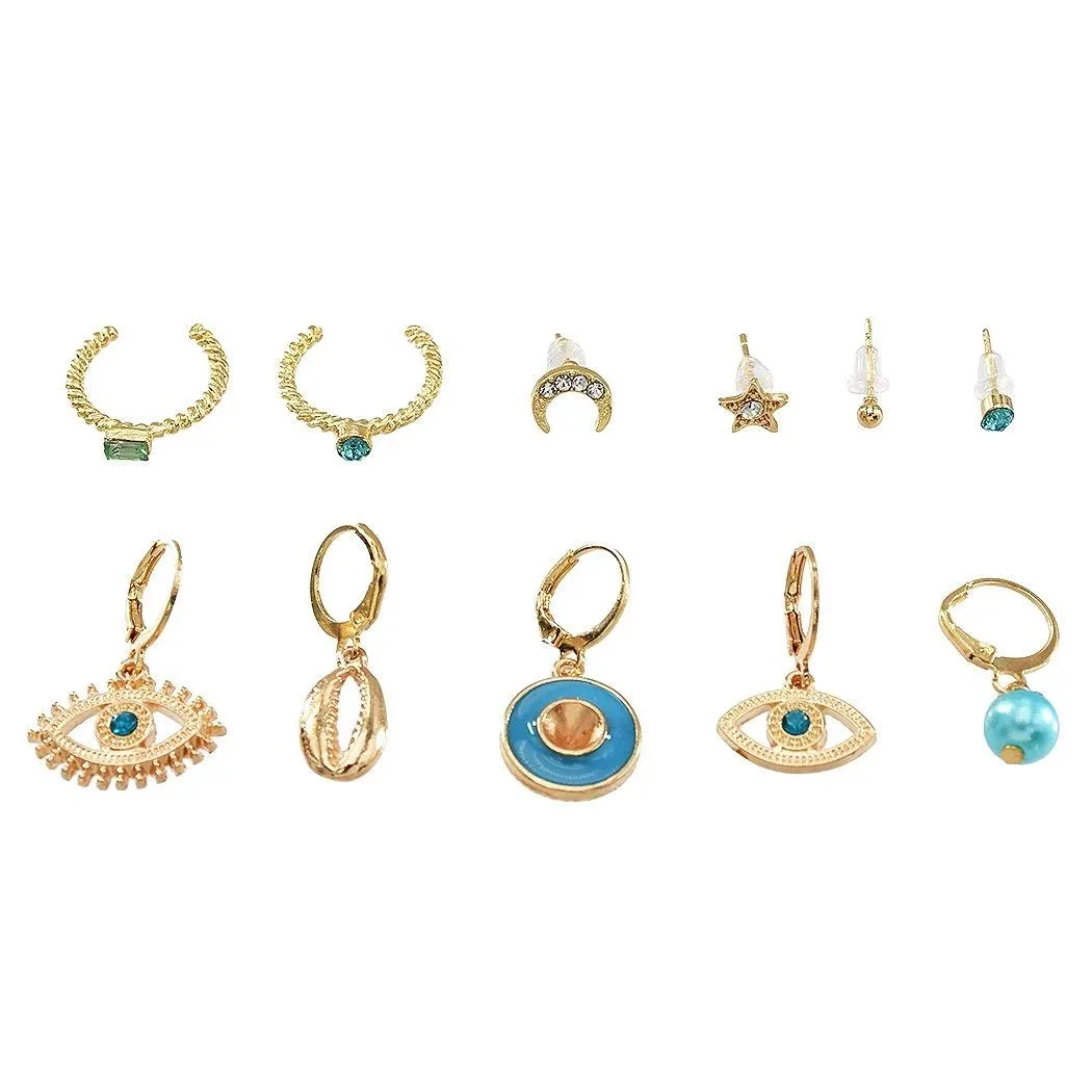 11 Pcs/Set Bohemian Vintage Gold Alloy Earrings Set Moon Star Eye Shell Fashion Dangle Earrings Female Korean Jewelry for Women