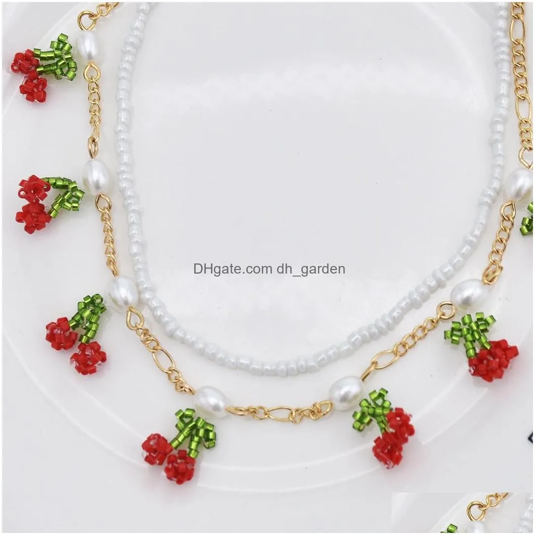 Cherry Pendant Charms Necklace with Beaded Imitation Pearl Chain Set Starement Necklace for Women Party Jewelry