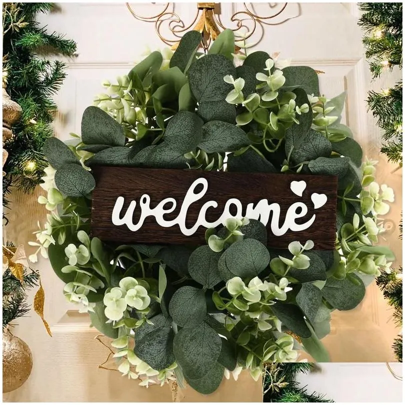 decorative flowers green eucalyptus wreath with welcome sign artificial spring summer white berries for front door